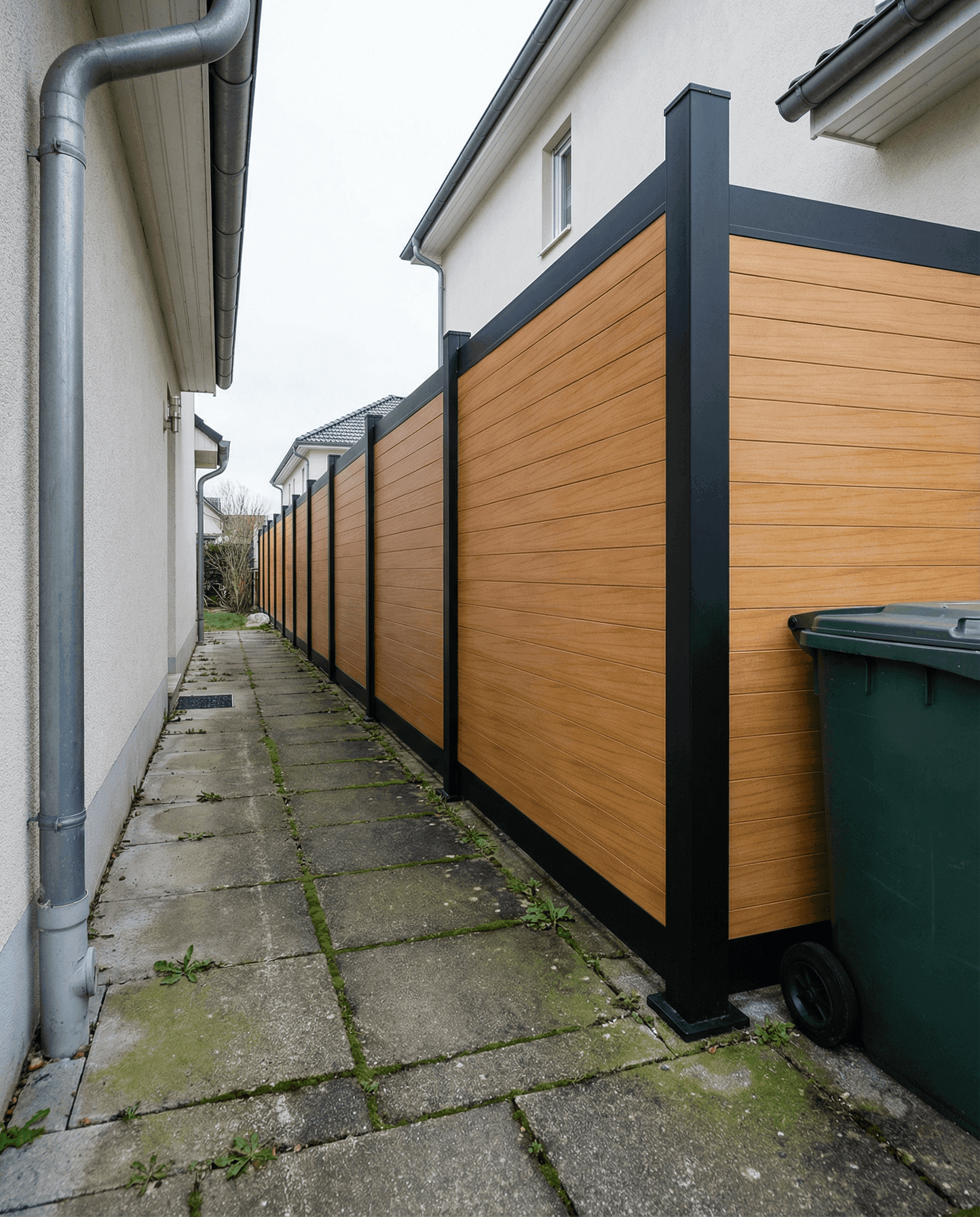 Horizontal teak wood-grain aluminum privacy fence in a Canadian backyard with clean modern lines