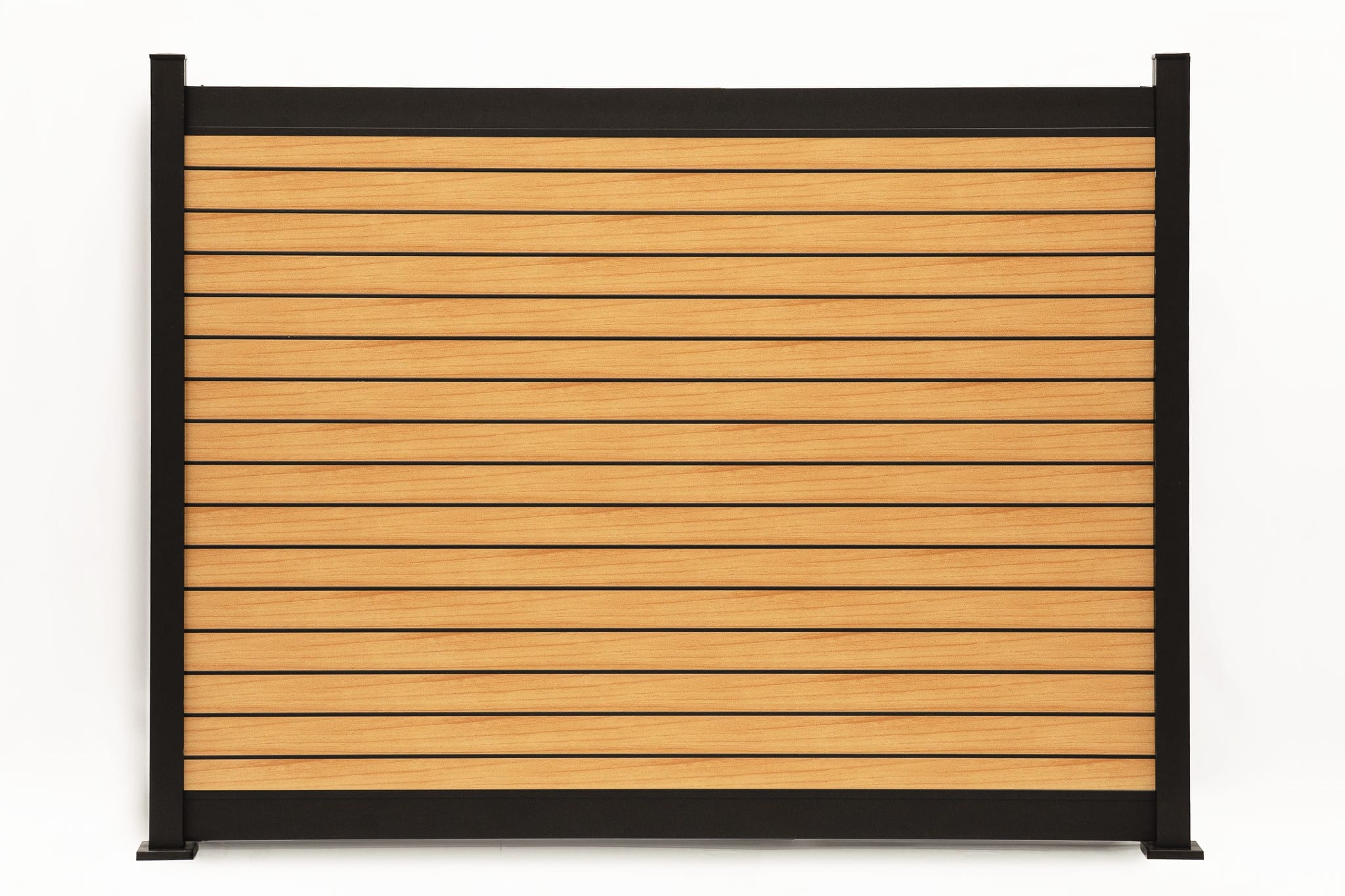 Modern horizontal wood-grain aluminum privacy fence panels installed at full 8 ft height in a Canadian backyard