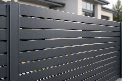 Horizontal charcoal black semi-privacy aluminum fence panels showing consistent finish and alignment
