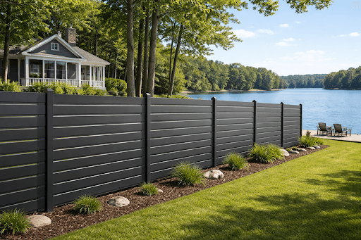 black aluminum fence beside a lake in Canada