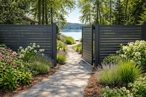 aluminum fence and gate installed beside a lake in Canada