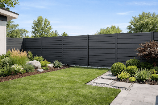 Residential aluminum privacy fence panels — solid slat design for full backyard seclusion