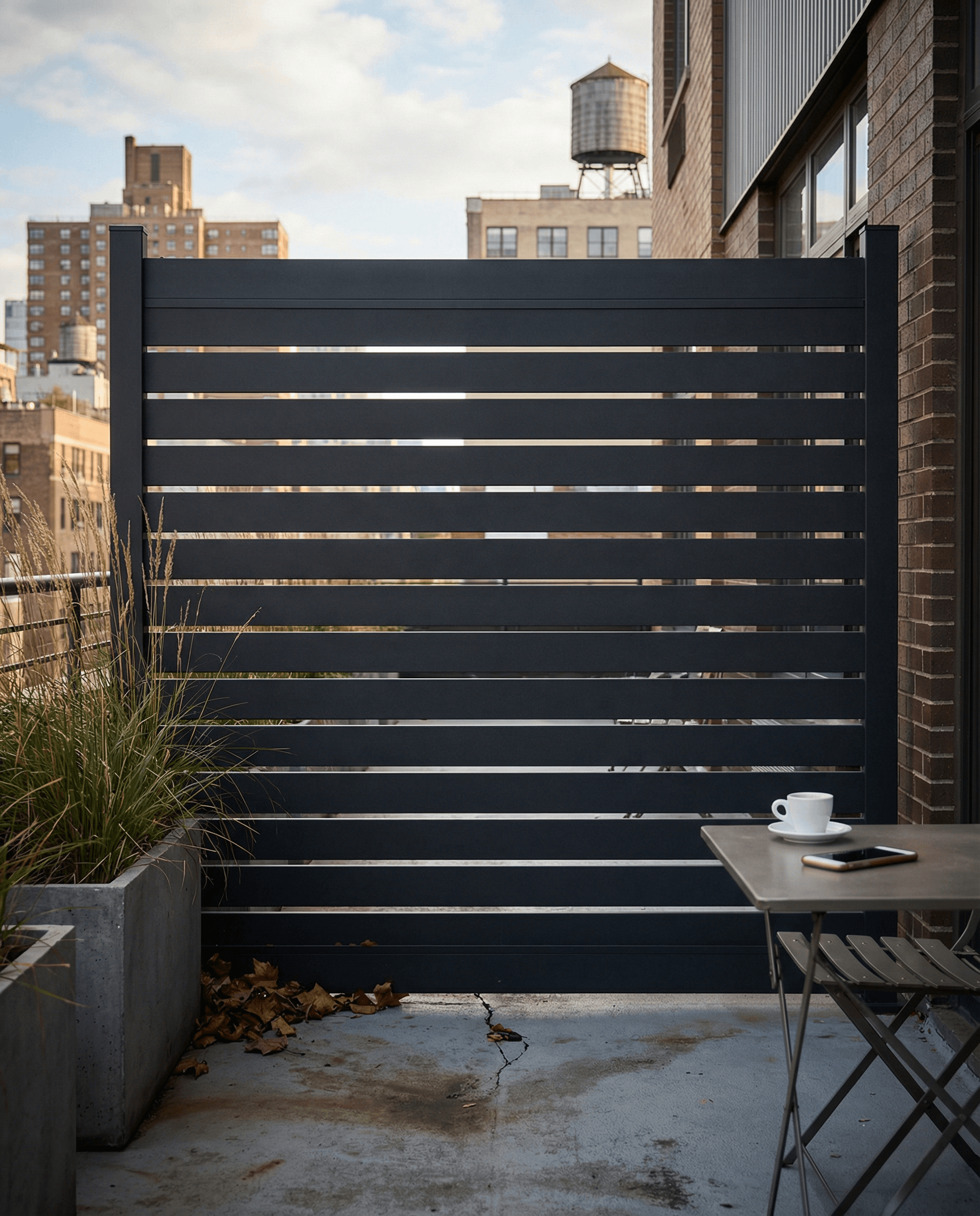 Horizontal semi-privacy aluminum fence with matte charcoal black slats