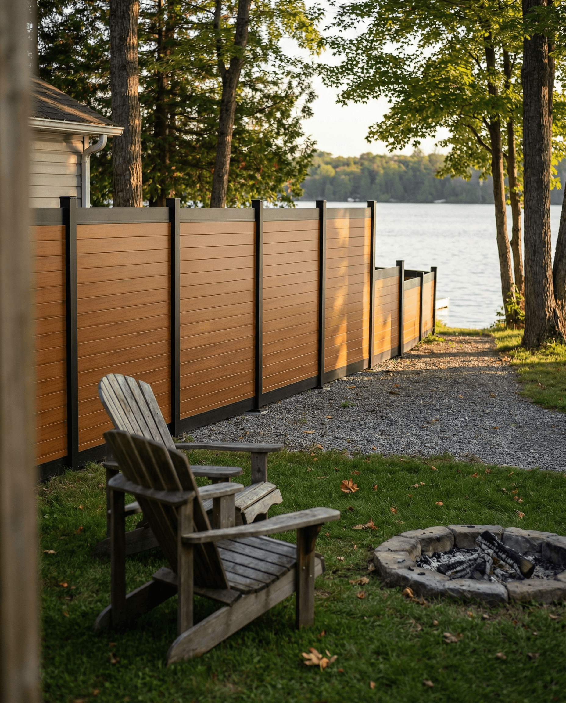 PrimeAlux horizontal teak wood-grain aluminum Privacy Plus fence panels — foam-core construction for maximum insulation