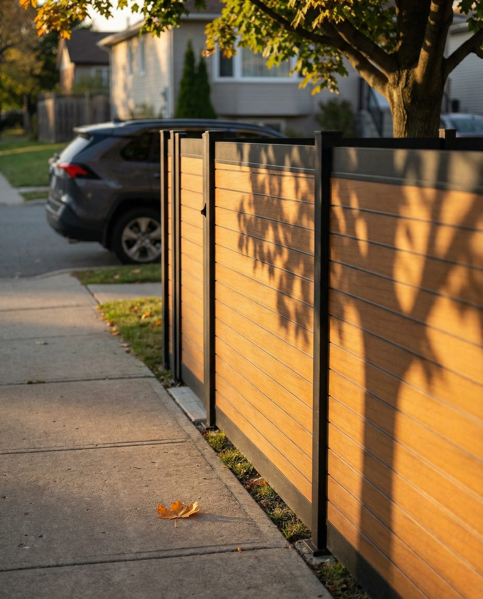 Horizontal teak wood-grain aluminum privacy fence with black frame installed along a front yard property line in Canada