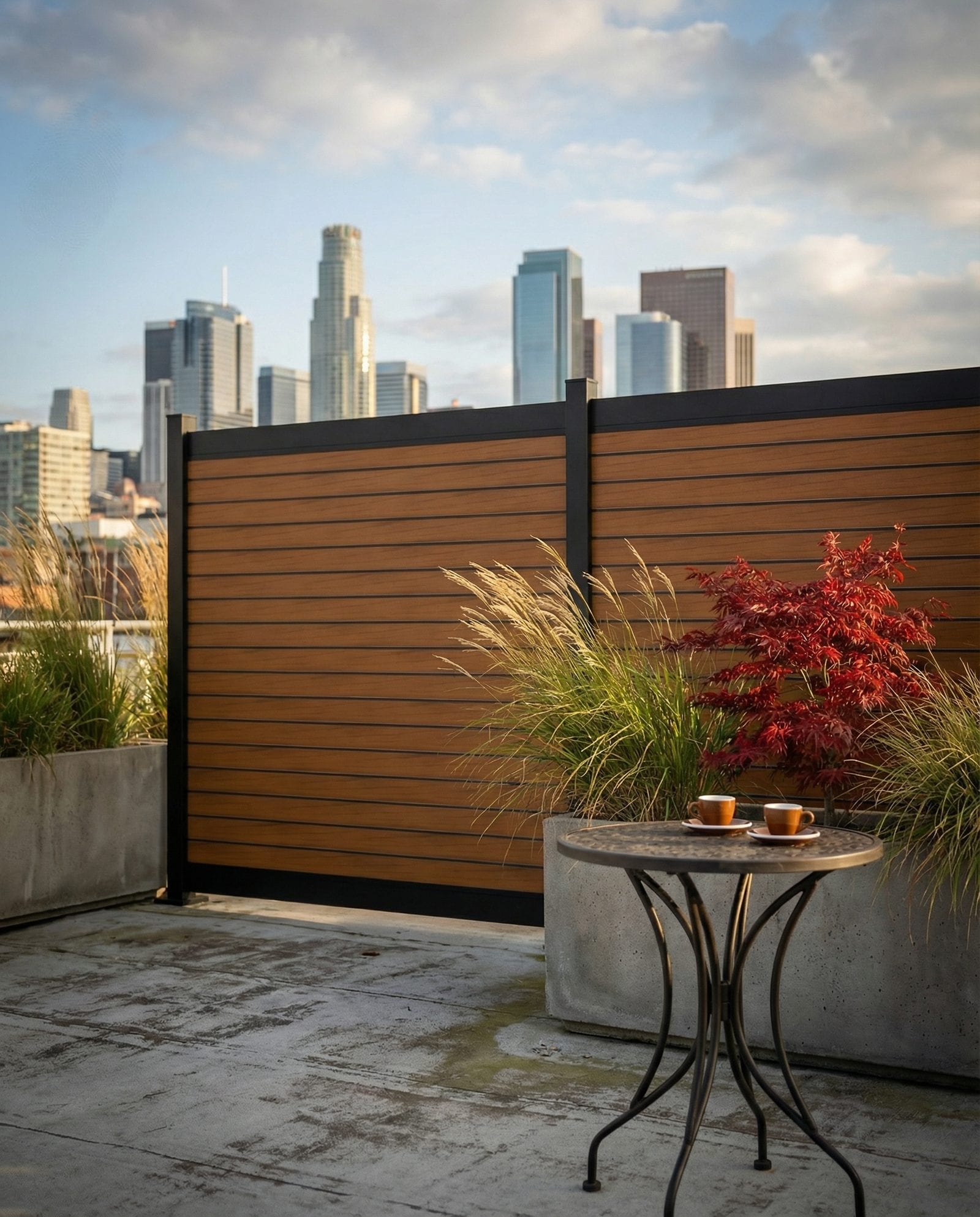 Horizontal teak wood-grain aluminum Privacy Plus fence panels installed as a permanent outdoor privacy screen